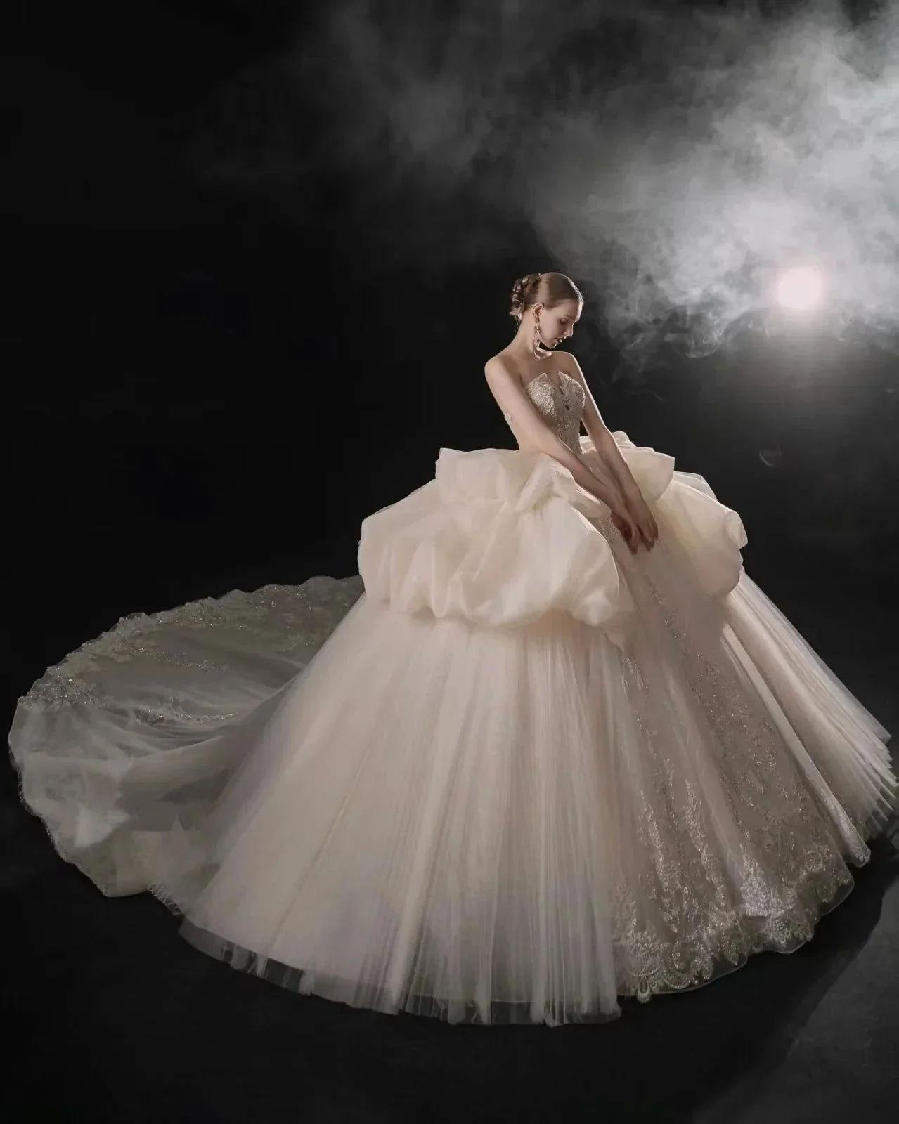 Opulent High-Neck Ball Gown Beaded Mesh Capelet Ruffled Skirt Wedding Dress with Sparkling Train Q6009 - Image 5