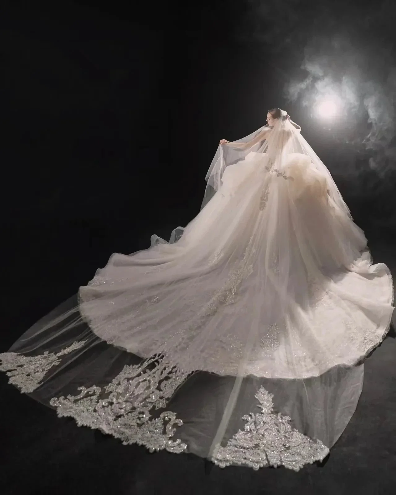 Opulent High-Neck Ball Gown Beaded Mesh Capelet Ruffled Skirt Wedding Dress with Sparkling Train Q6009 - Image 6