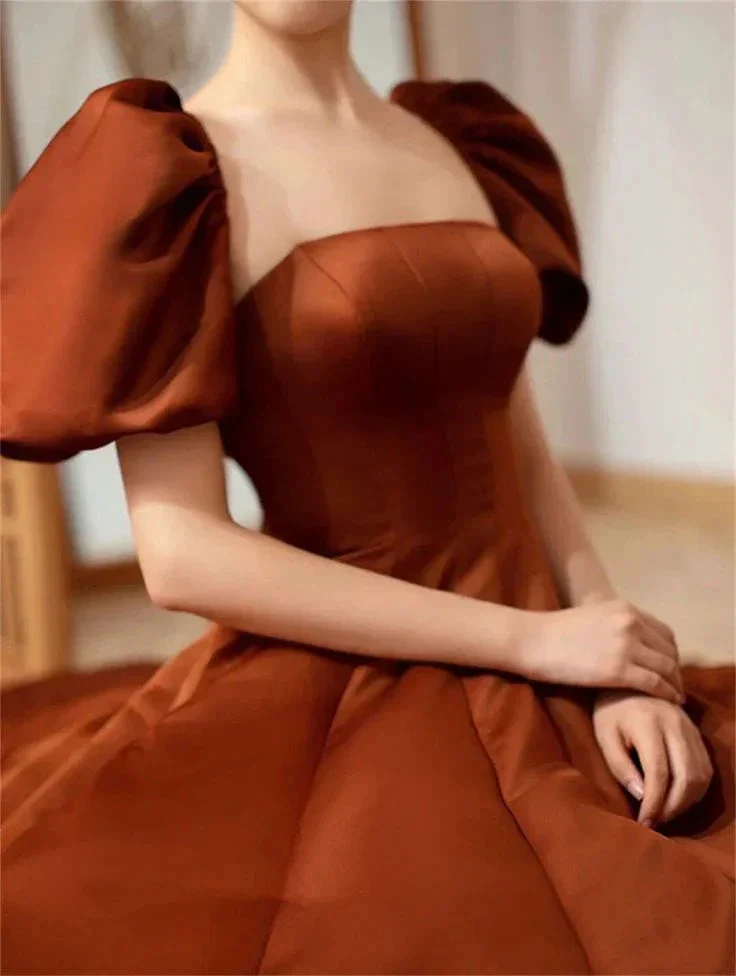 Coffee satin prom dress long Short puffy sleeve ball gown Square neck Fairy formal dress Y4962 - Image 2