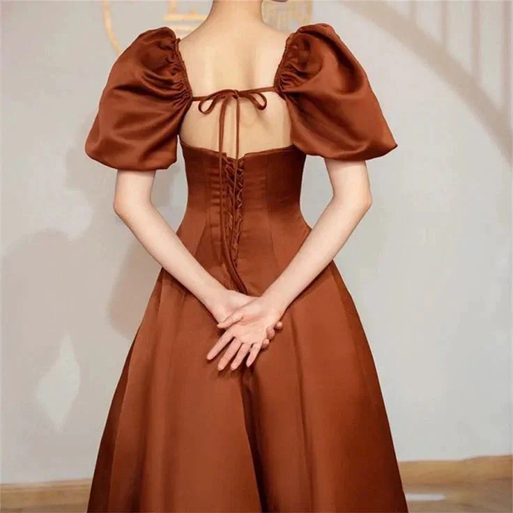 Coffee satin prom dress long Short puffy sleeve ball gown Square neck Fairy formal dress Y4962 - Image 3