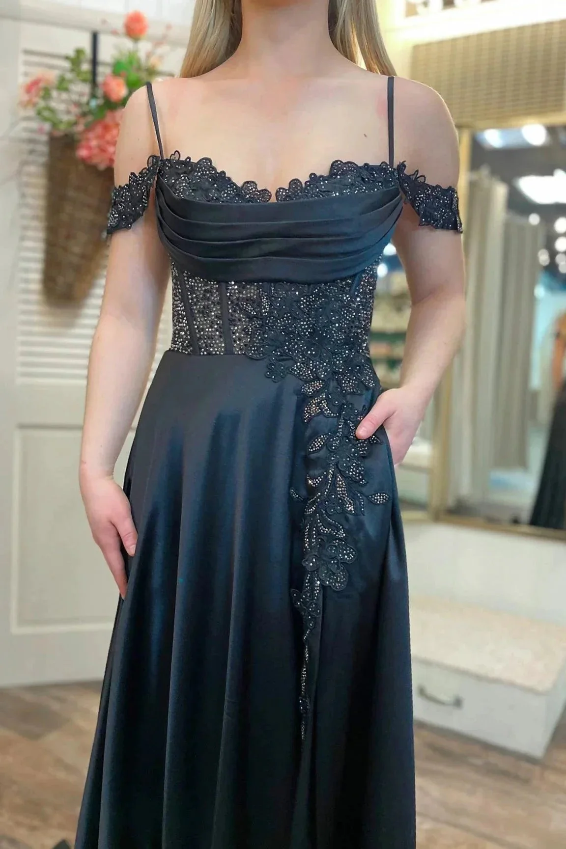 Cold-Shoulder Beaded A-Line Formal Dress with Slit - Image 2
