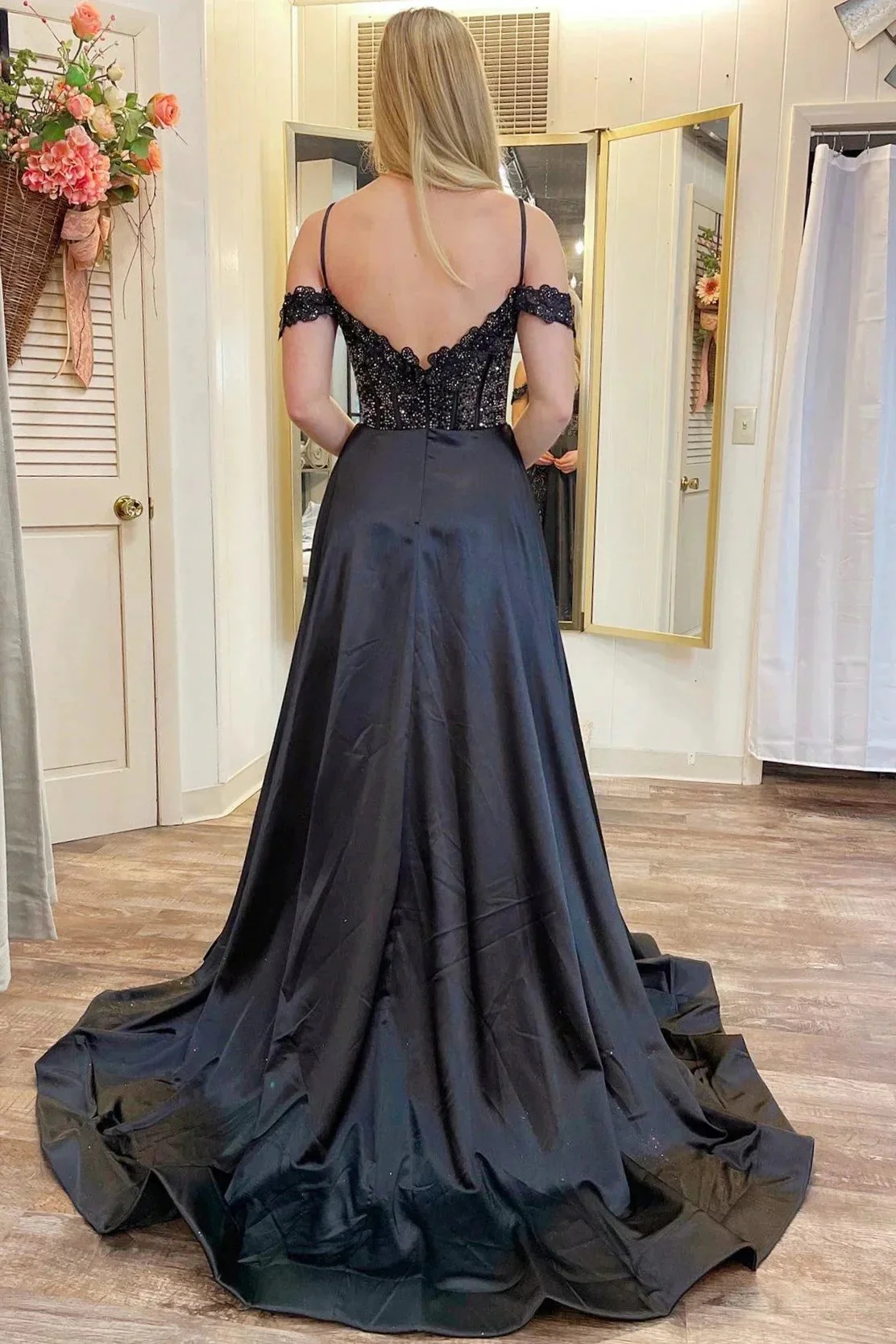 Cold-Shoulder Beaded A-Line Formal Dress with Slit - Image 3