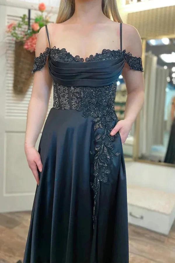 Cold-Shoulder Beaded A-Line Split Prom Dress With Pockets PSK555 - Image 2