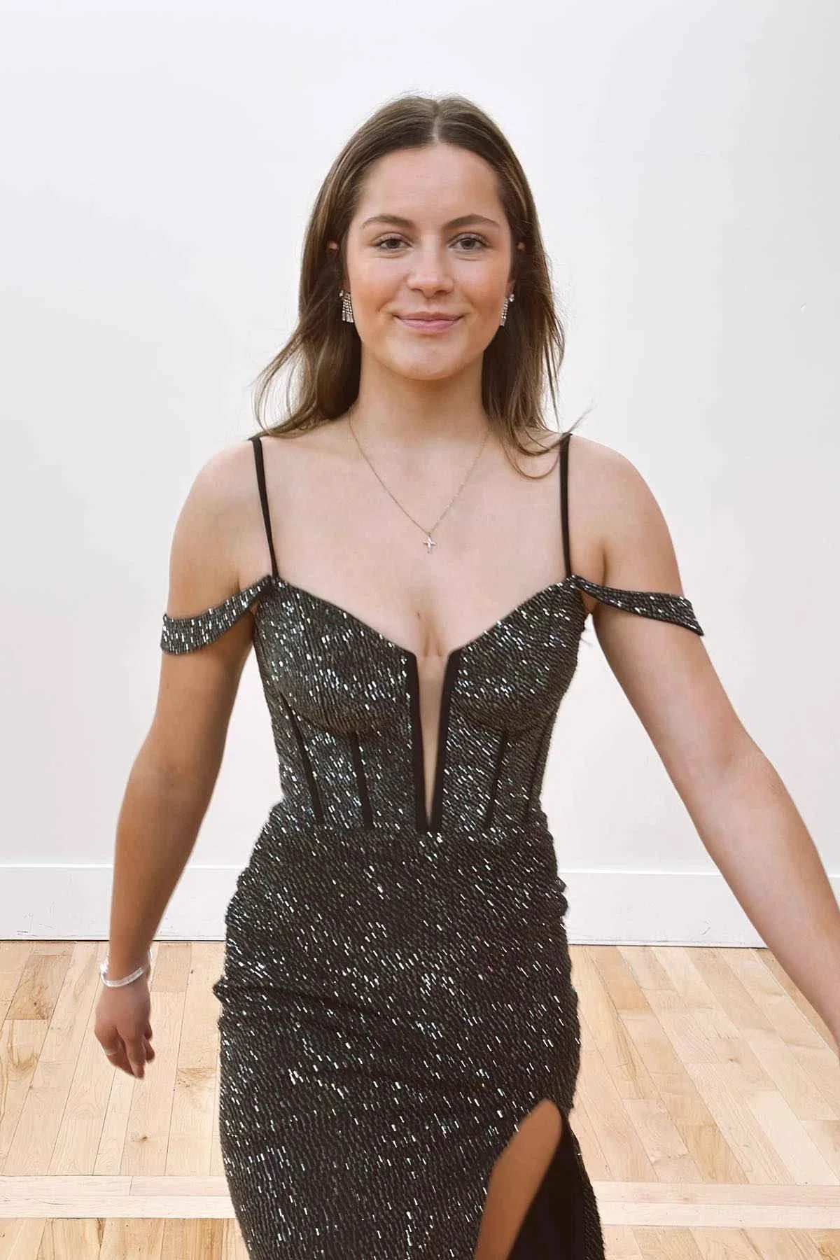 Rosemary | Cold Shoulder Black Beaded Slit Mermaid Prom Dress - Image 5