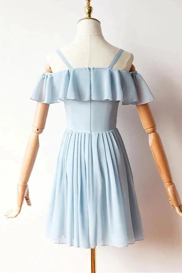 Cold Sleeves Short Prom Dress Blue Chiffon Homecoming Dress PD427 - Image 3