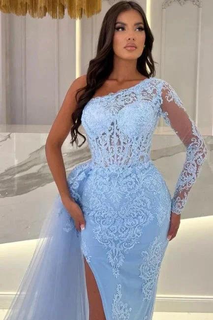 Column Floor-Length Split Front Sky Blue Tulle One Shoulder Long Sleeve Prom Dresses with Lace - Image 2