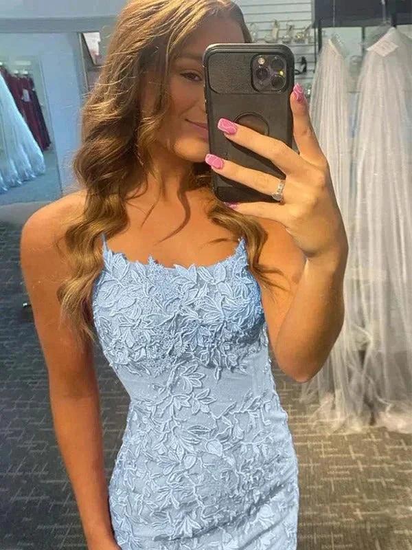 Column Lace Spaghetti Straps Short Prom Dresses - Image 2