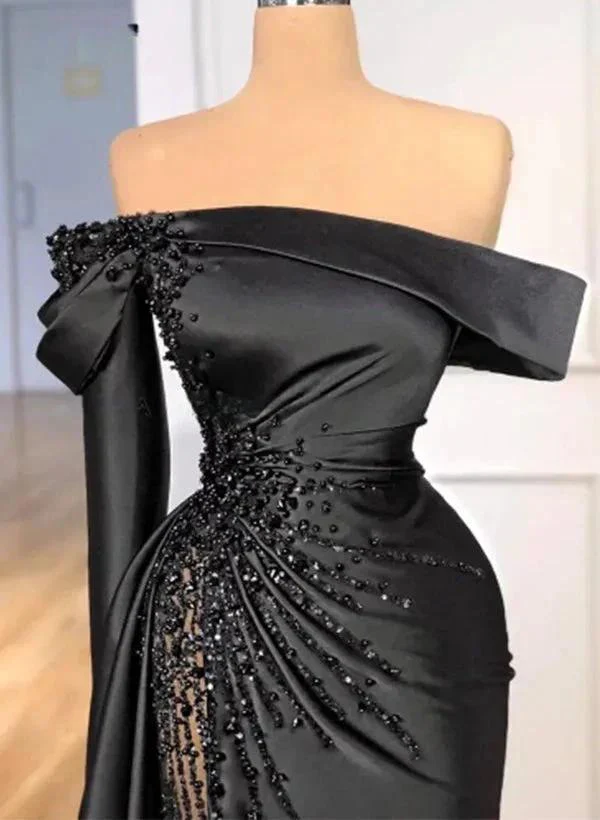 Sheath Off-The-Shoulder Long Sleeves Satin/Sequined Prom Dresses - Image 2