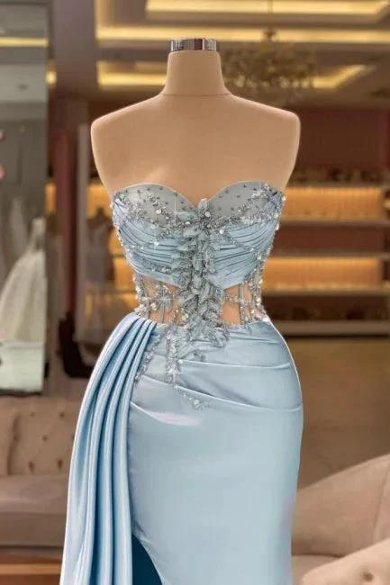 Column Split Front Floor-Length Sweetheart Strapless Sleeveless Sky Blue Ruffle Stain Prom Dresses with Beadings - Image 2
