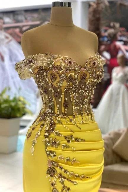Column Yellow Sleeveless Off-The-Shoulder Stain Floor-Length Sweetheart Prom Dresses with Beadings - Image 2