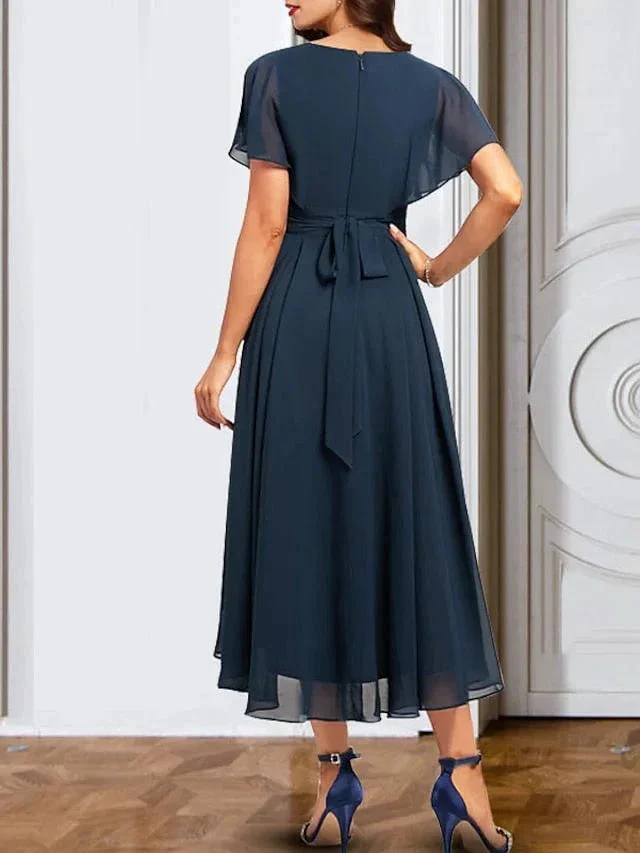 A-Line/Princess Chiffon V Neck Short Sleeves  Mother of the Bride Dresses with Belt - Image 2