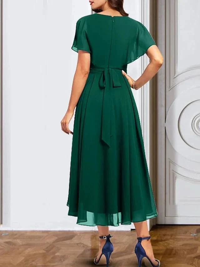 A-Line/Princess Chiffon V Neck Short Sleeves  Mother of the Bride Dresses with Belt - Image 3