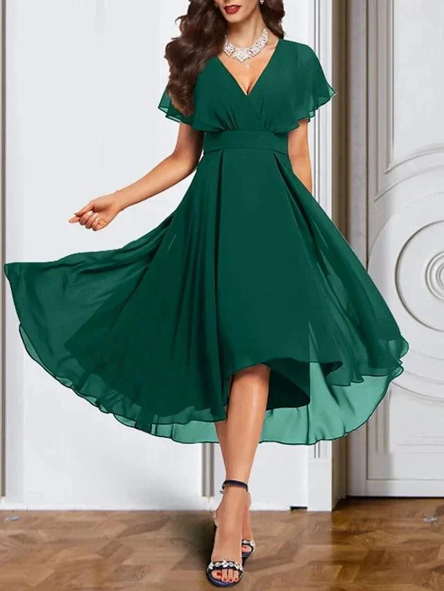 A-Line/Princess Chiffon V Neck Short Sleeves  Mother of the Bride Dresses with Belt - Image 4
