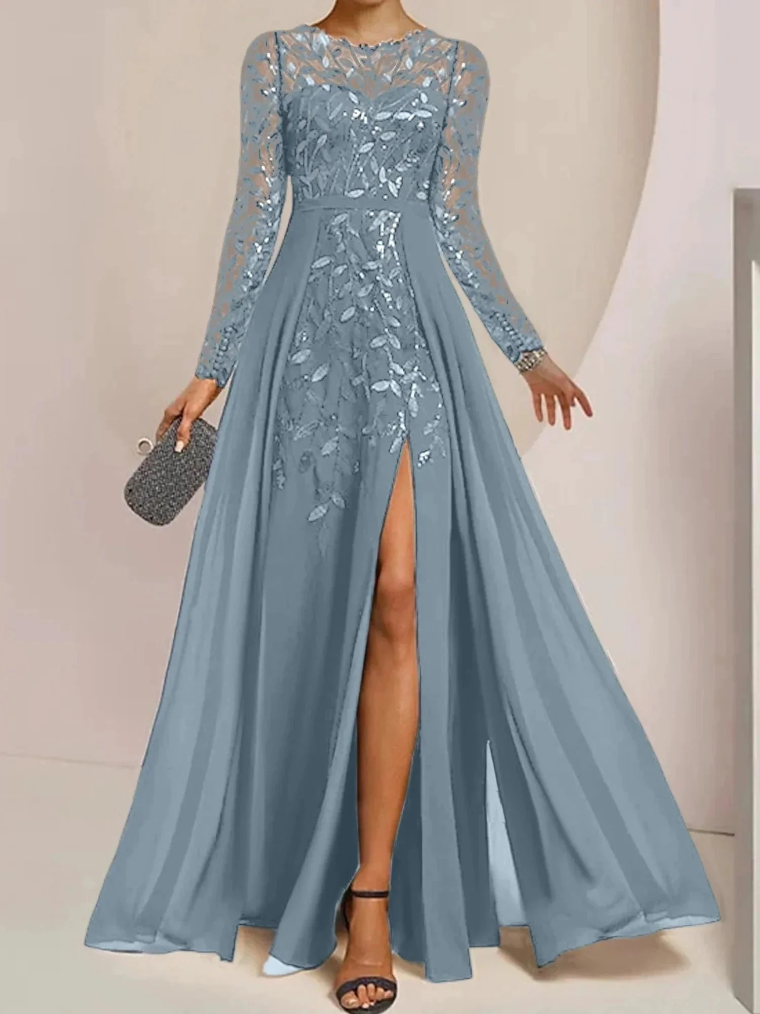 A-Line/Princess Scoop Floor-Length Mother of the Bride Dresses with Split Side Ruffles Sequins - Image 10