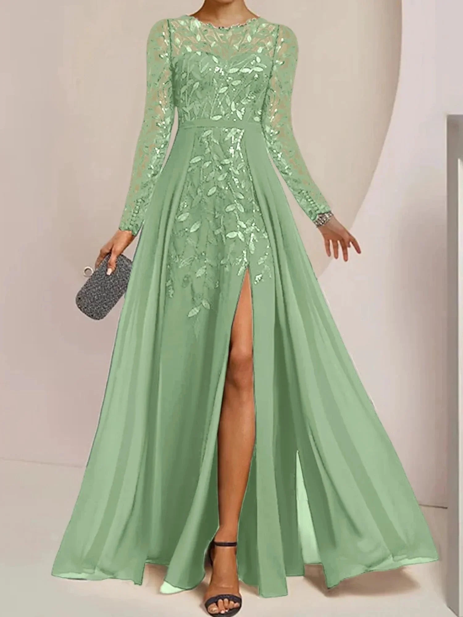 A-Line/Princess Scoop Floor-Length Mother of the Bride Dresses with Split Side Ruffles Sequins - Image 12