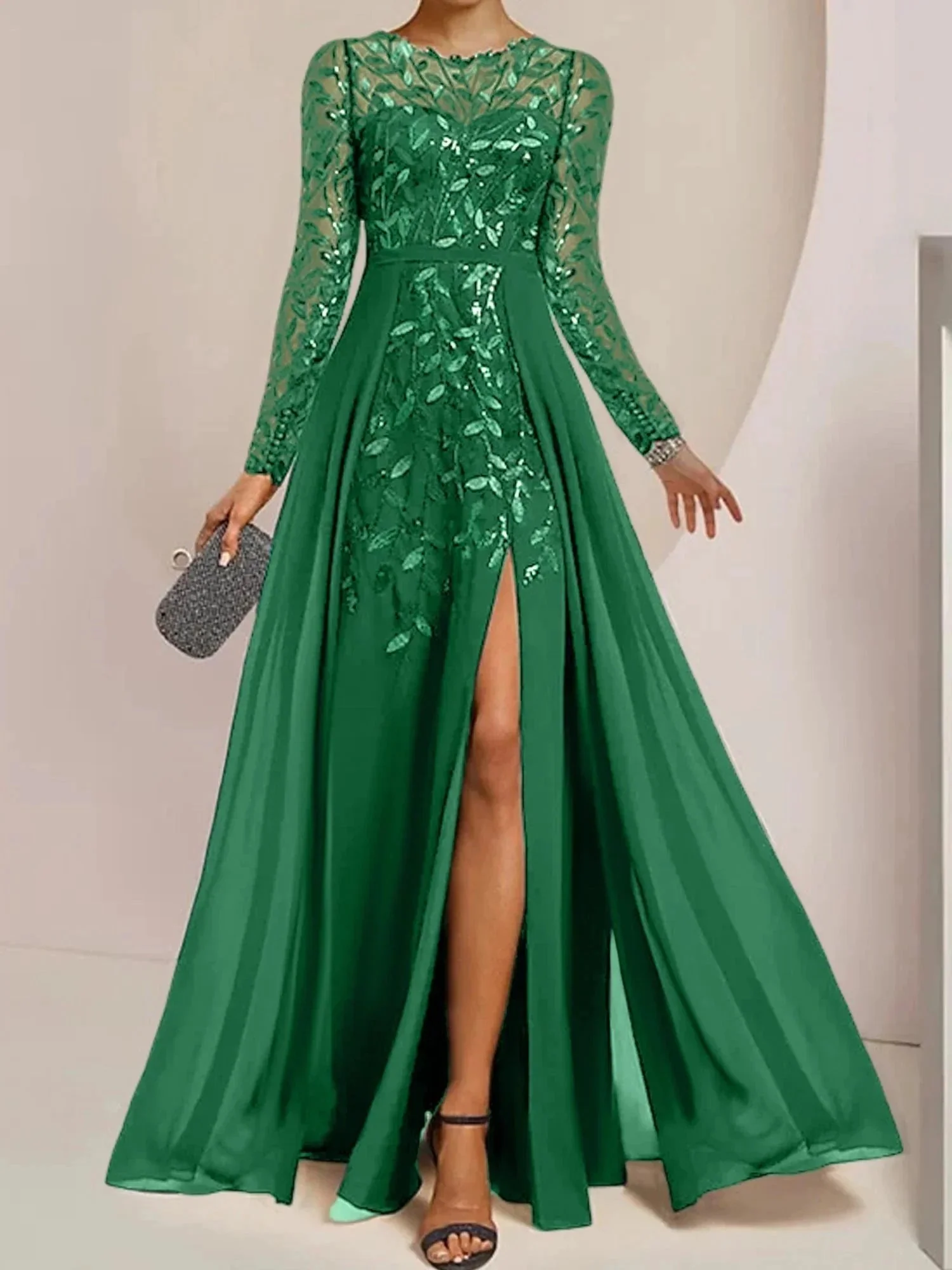 A-Line/Princess Scoop Floor-Length Mother of the Bride Dresses with Split Side Ruffles Sequins - Image 13