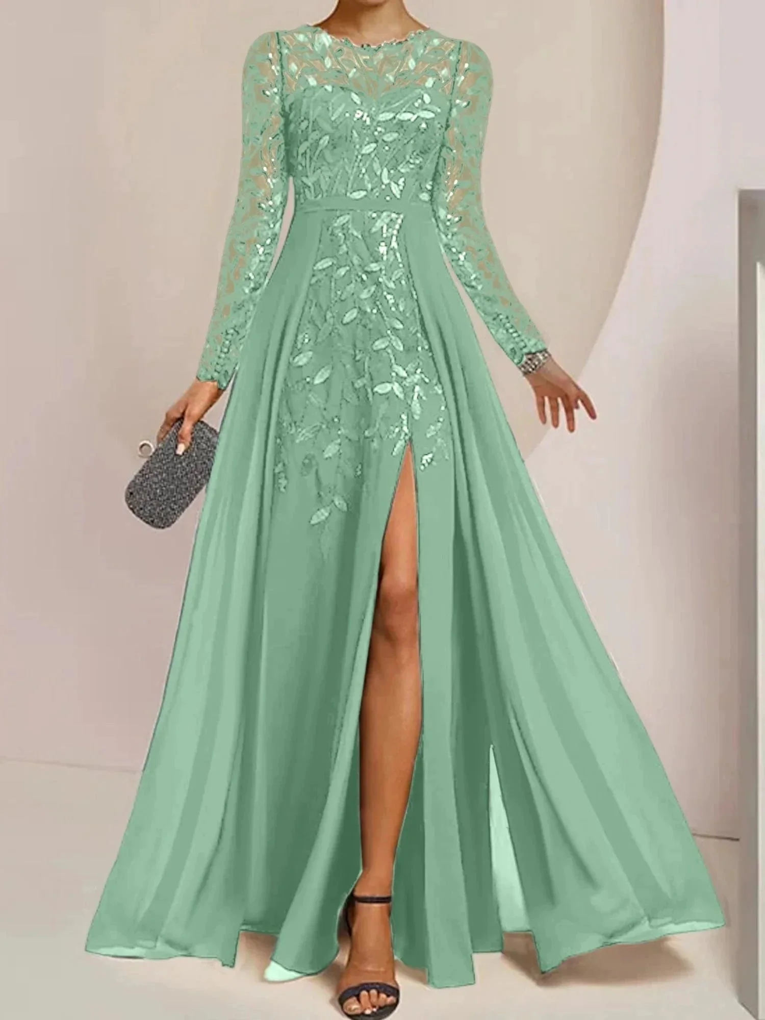 A-Line/Princess Scoop Floor-Length Mother of the Bride Dresses with Split Side Ruffles Sequins - Image 14