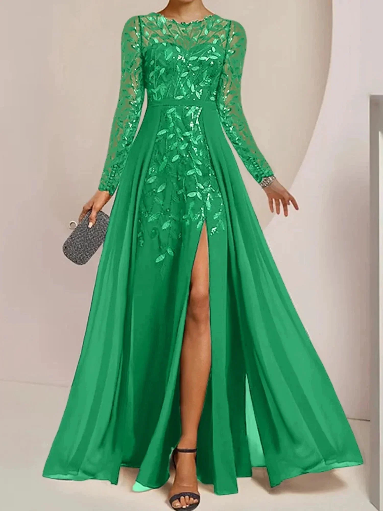 A-Line/Princess Scoop Floor-Length Mother of the Bride Dresses with Split Side Ruffles Sequins - Image 19