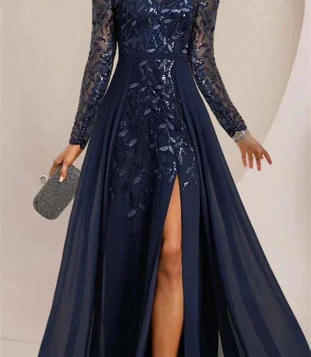 A-Line/Princess Scoop Floor-Length Mother of the Bride Dresses with Split Side Ruffles Sequins - Image 2