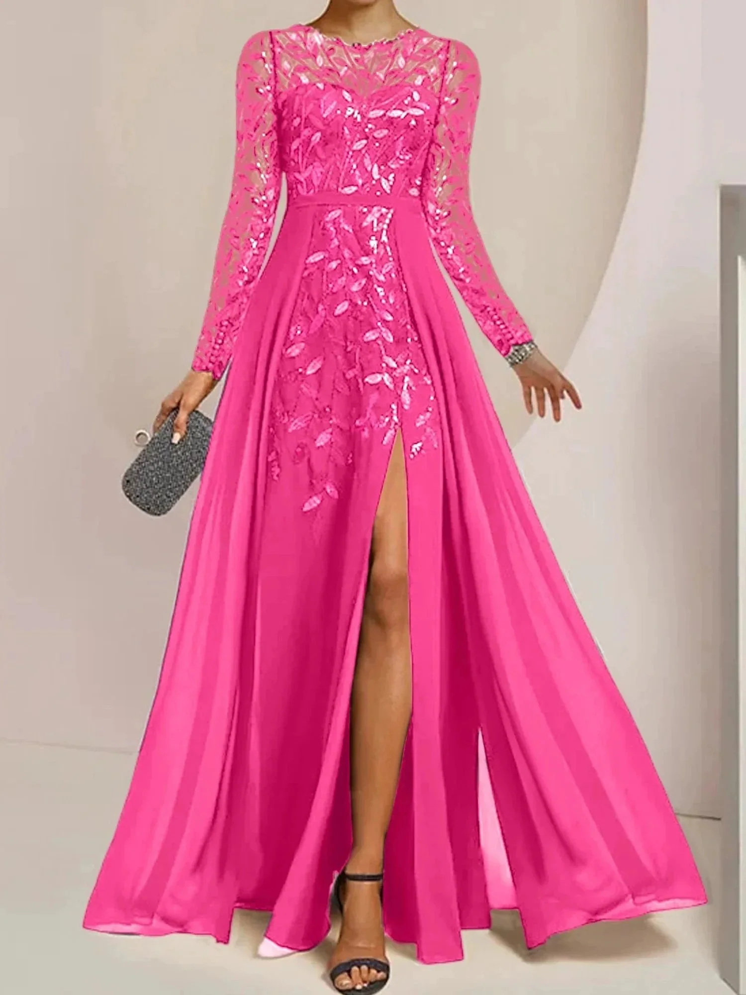 A-Line/Princess Scoop Floor-Length Mother of the Bride Dresses with Split Side Ruffles Sequins - Image 20