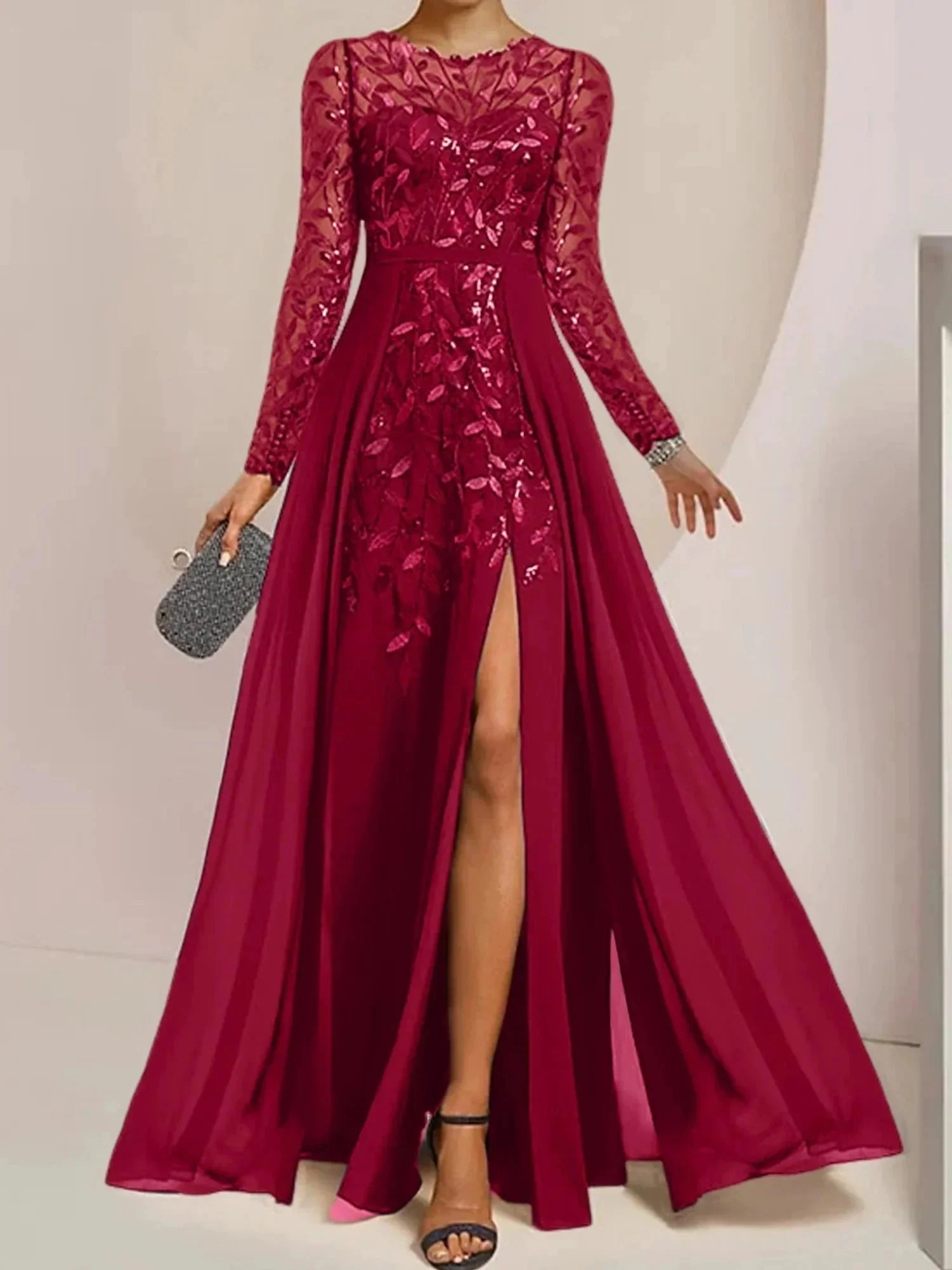 A-Line/Princess Scoop Floor-Length Mother of the Bride Dresses with Split Side Ruffles Sequins - Image 21