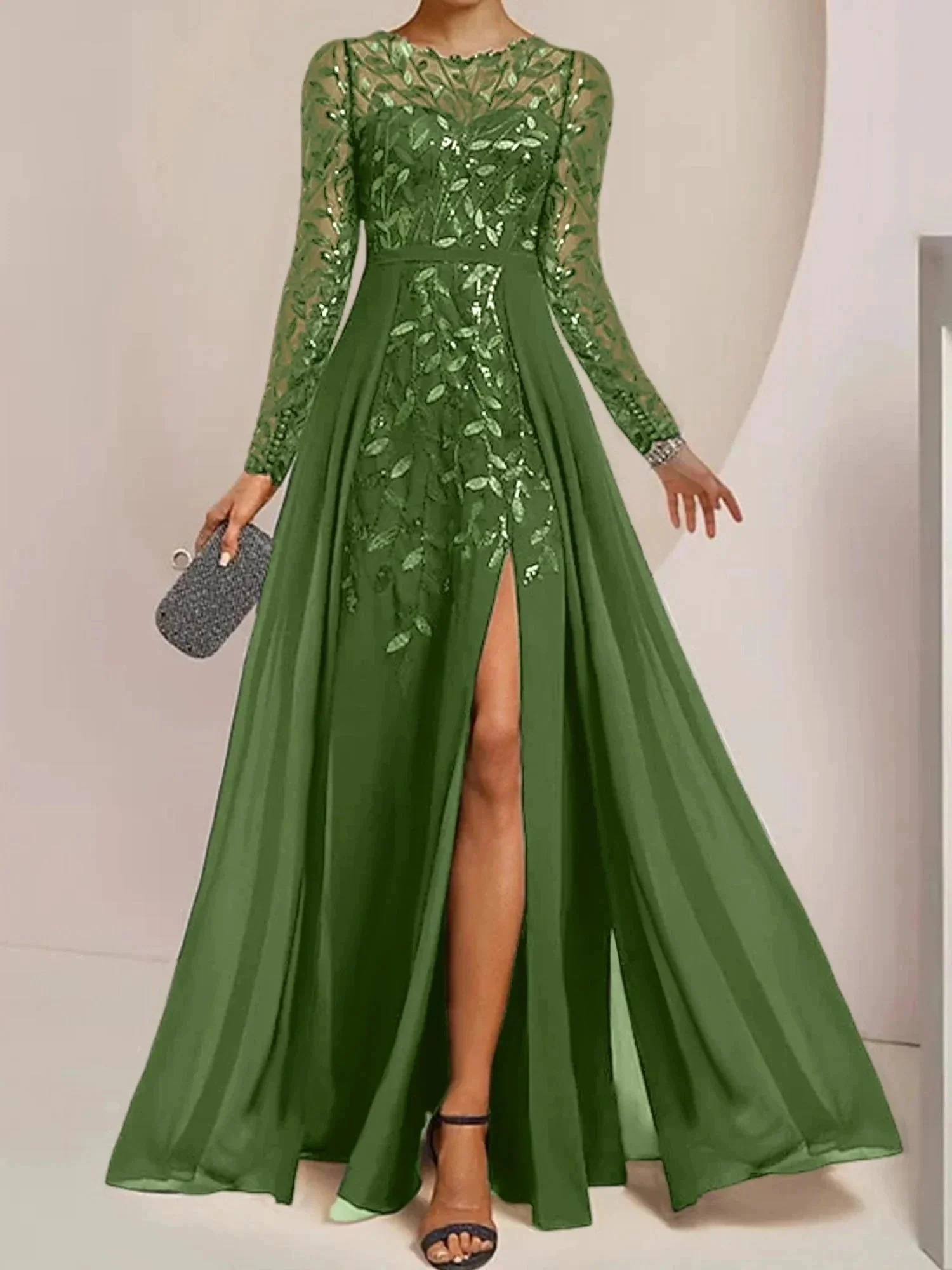 A-Line/Princess Scoop Floor-Length Mother of the Bride Dresses with Split Side Ruffles Sequins - Image 27