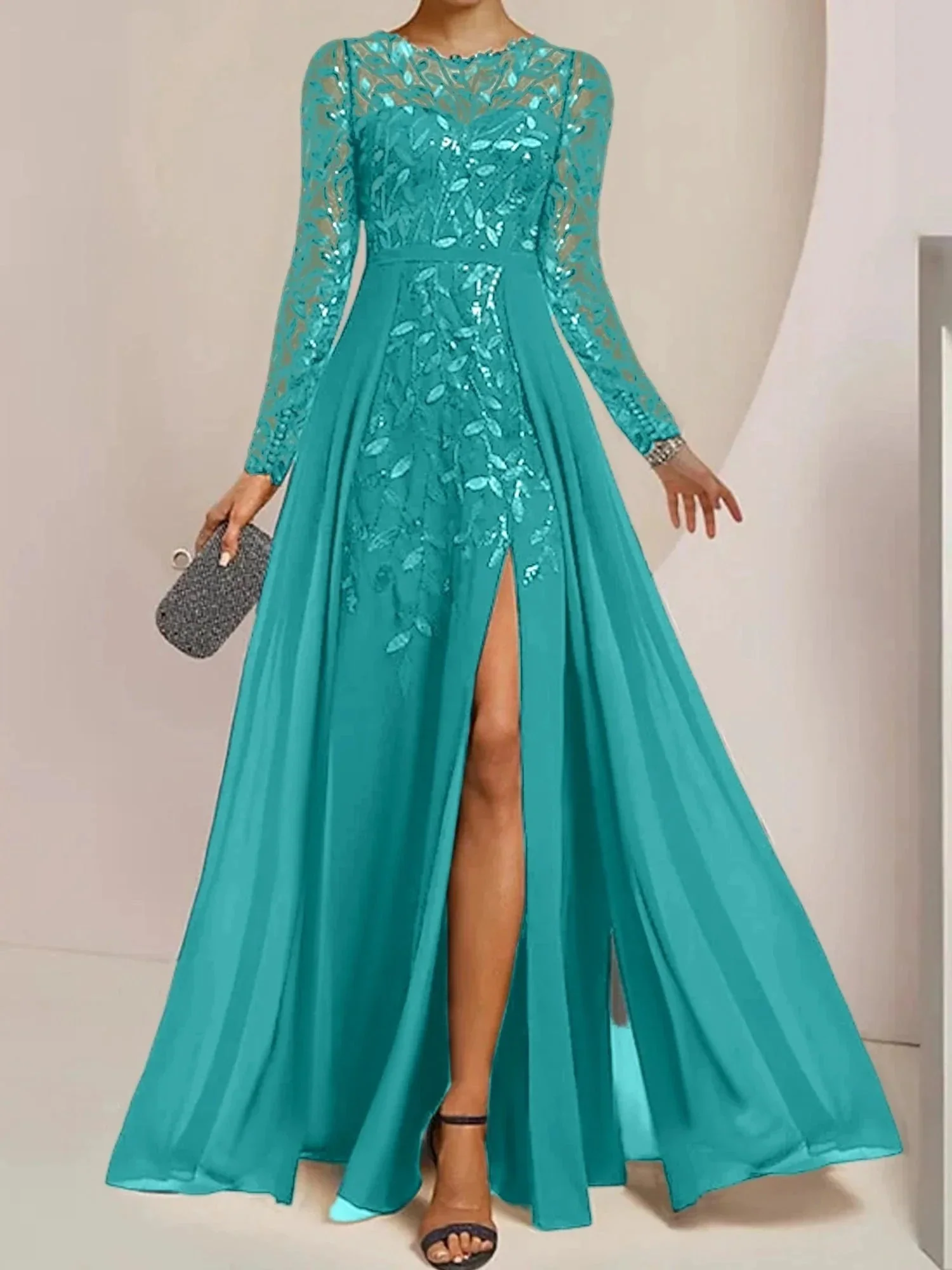 A-Line/Princess Scoop Floor-Length Mother of the Bride Dresses with Split Side Ruffles Sequins - Image 3