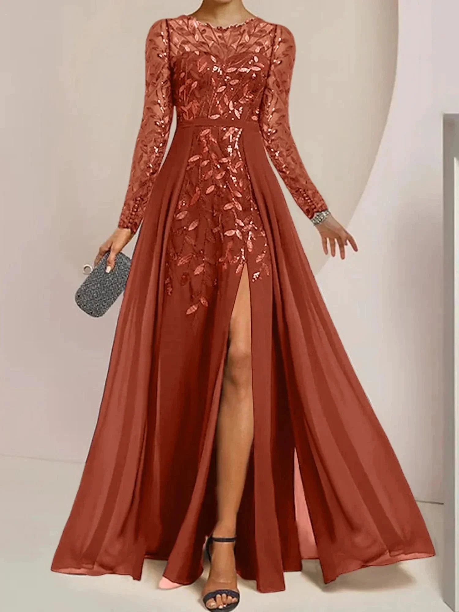 A-Line/Princess Scoop Floor-Length Mother of the Bride Dresses with Split Side Ruffles Sequins - Image 35