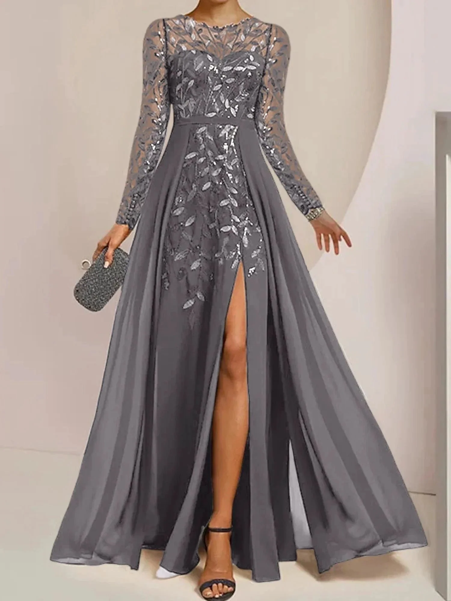 A-Line/Princess Scoop Floor-Length Mother of the Bride Dresses with Split Side Ruffles Sequins - Image 36