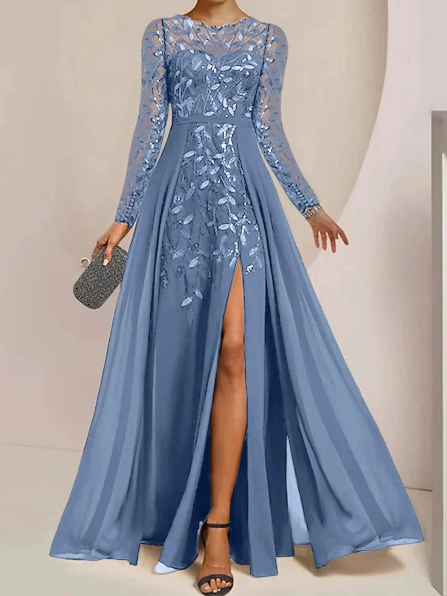 A-Line/Princess Scoop Floor-Length Mother of the Bride Dresses with Split Side Ruffles Sequins - Image 37