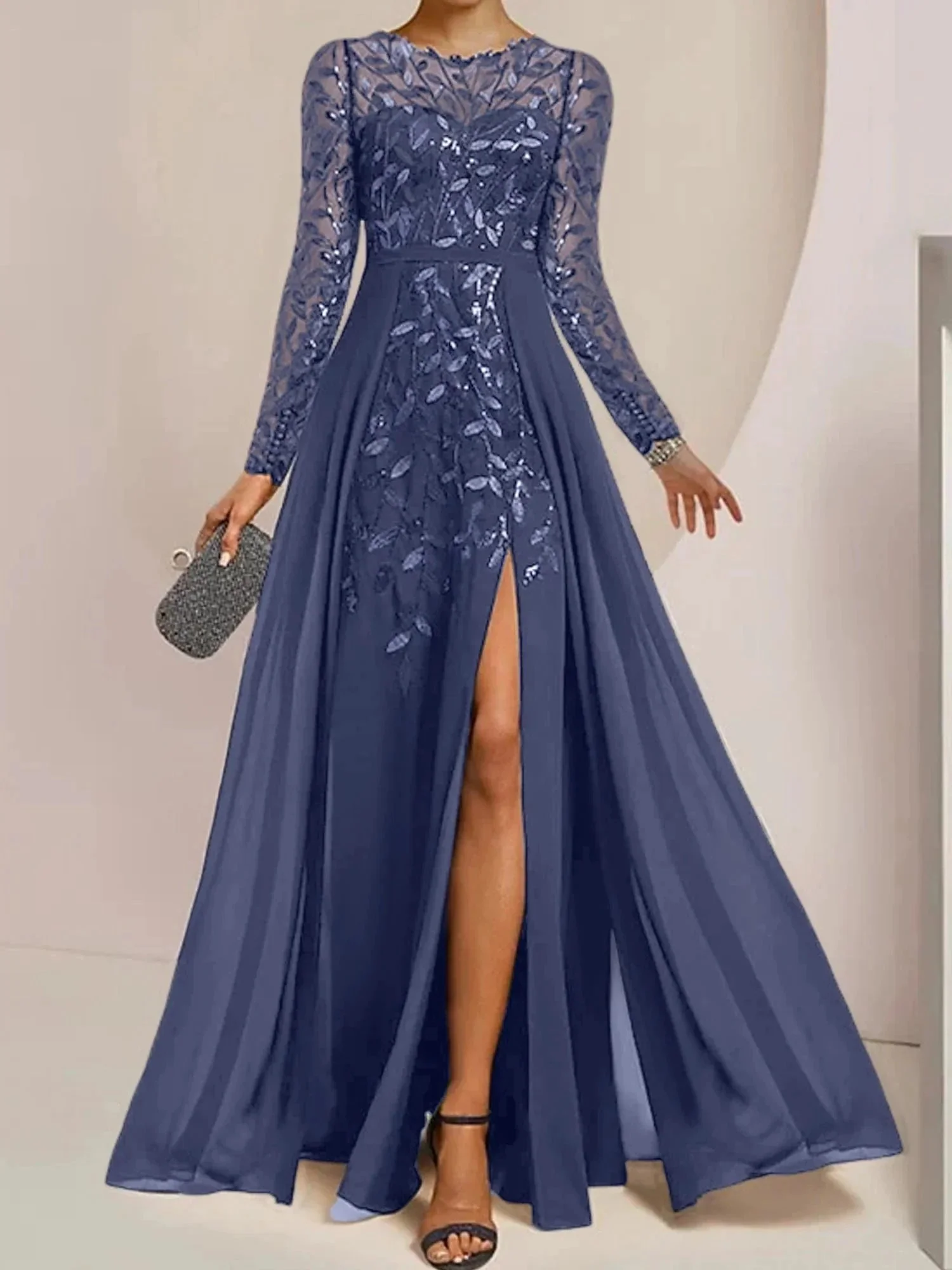 A-Line/Princess Scoop Floor-Length Mother of the Bride Dresses with Split Side Ruffles Sequins - Image 38