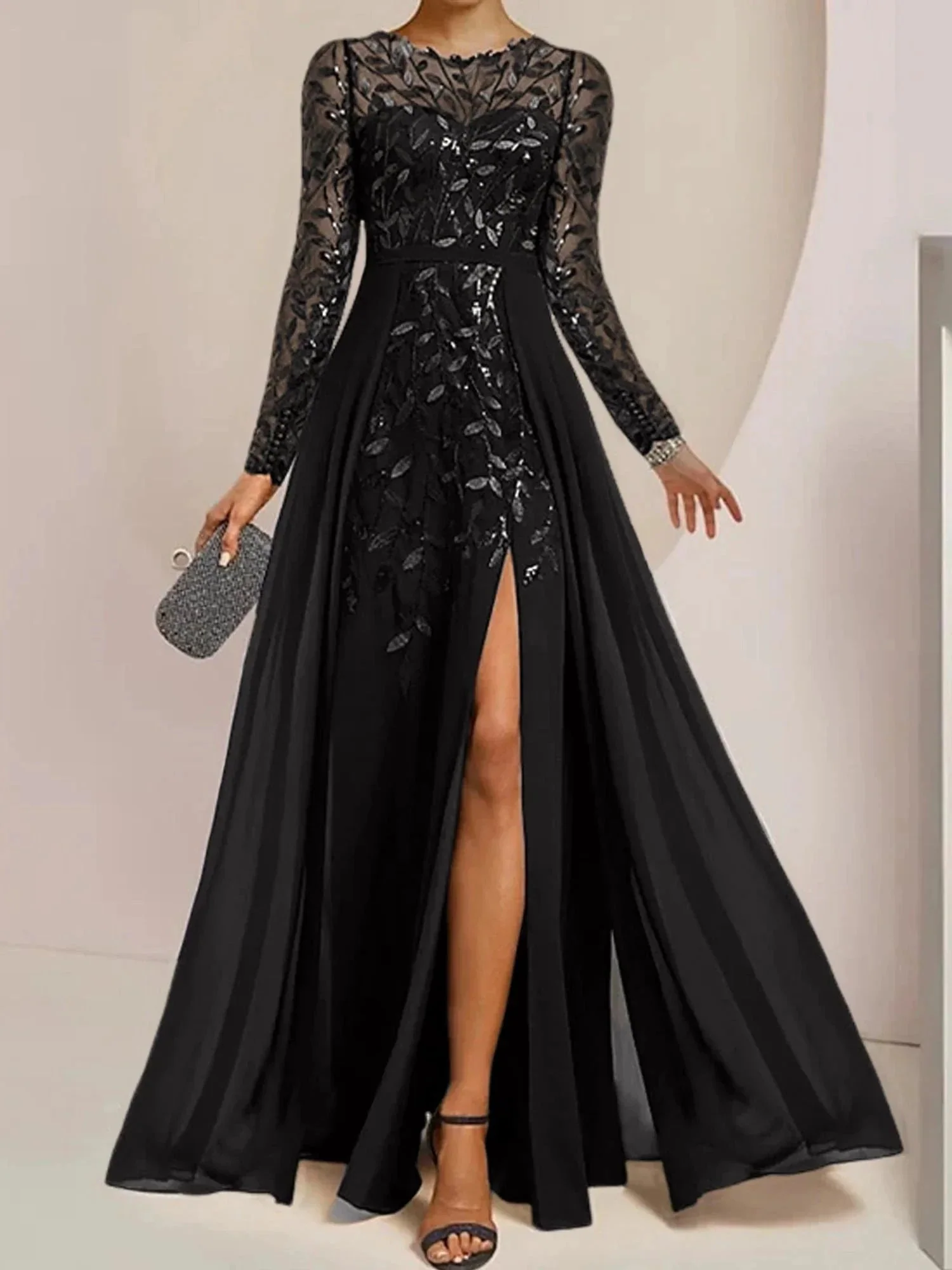 A-Line/Princess Scoop Floor-Length Mother of the Bride Dresses with Split Side Ruffles Sequins - Image 4