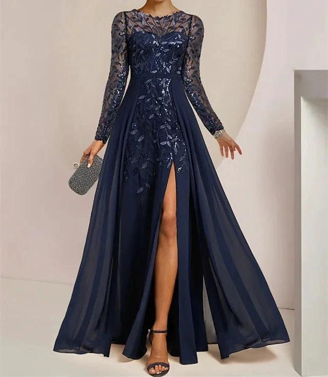 A-Line/Princess Scoop Floor-Length Mother of the Bride Dresses with Split Side Ruffles Sequins - Image 42