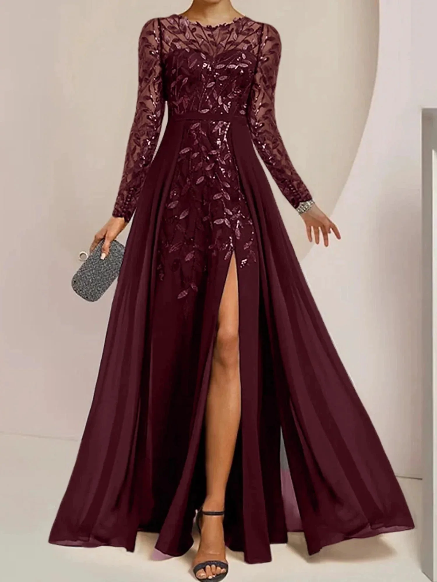 A-Line/Princess Scoop Floor-Length Mother of the Bride Dresses with Split Side Ruffles Sequins - Image 46