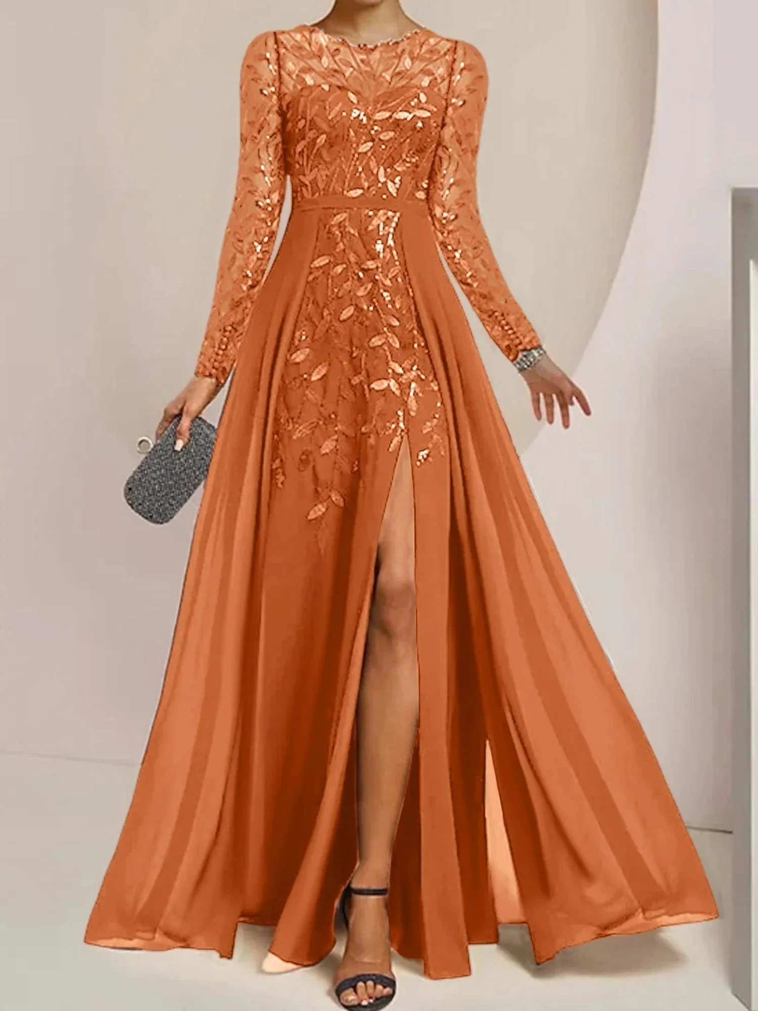 A-Line/Princess Scoop Floor-Length Mother of the Bride Dresses with Split Side Ruffles Sequins - Image 47