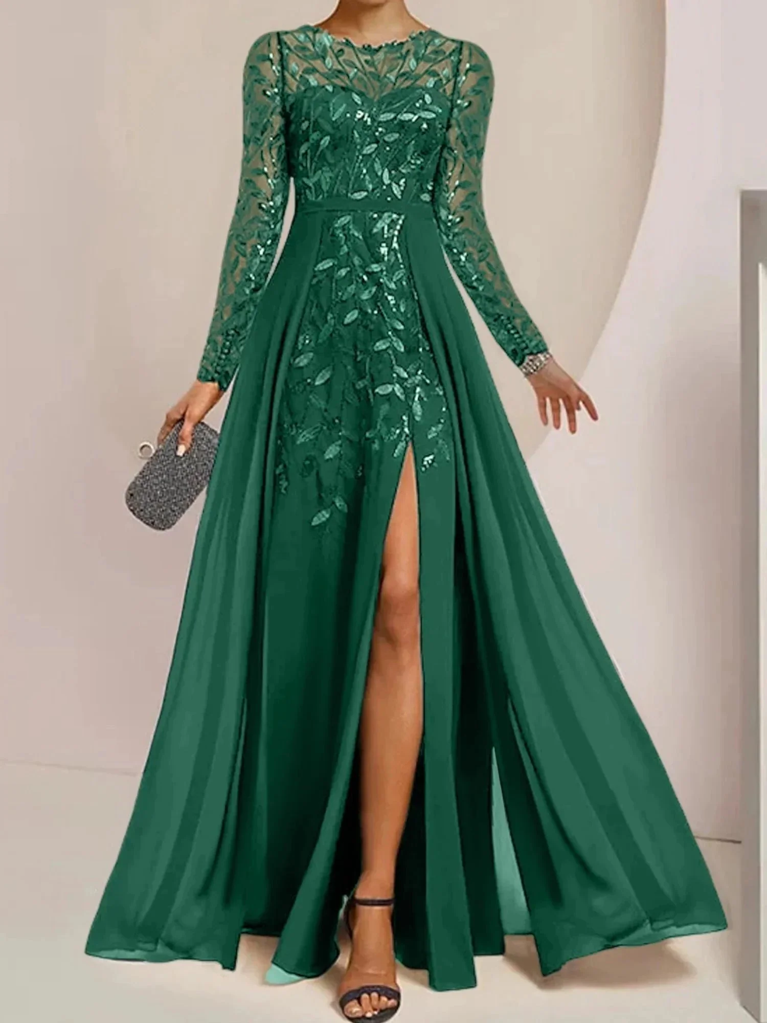 A-Line/Princess Scoop Floor-Length Mother of the Bride Dresses with Split Side Ruffles Sequins - Image 48