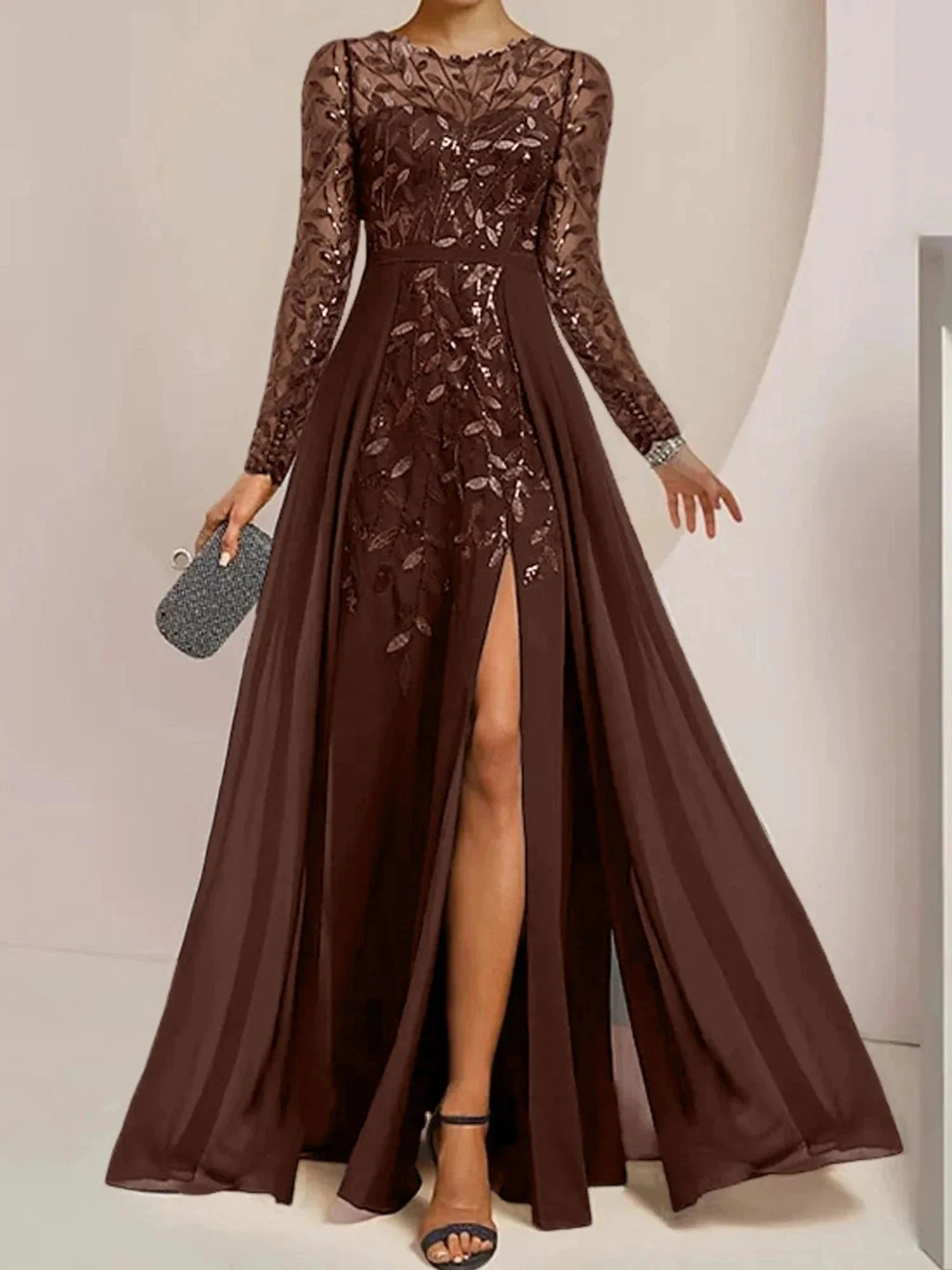 A-Line/Princess Scoop Floor-Length Mother of the Bride Dresses with Split Side Ruffles Sequins - Image 5
