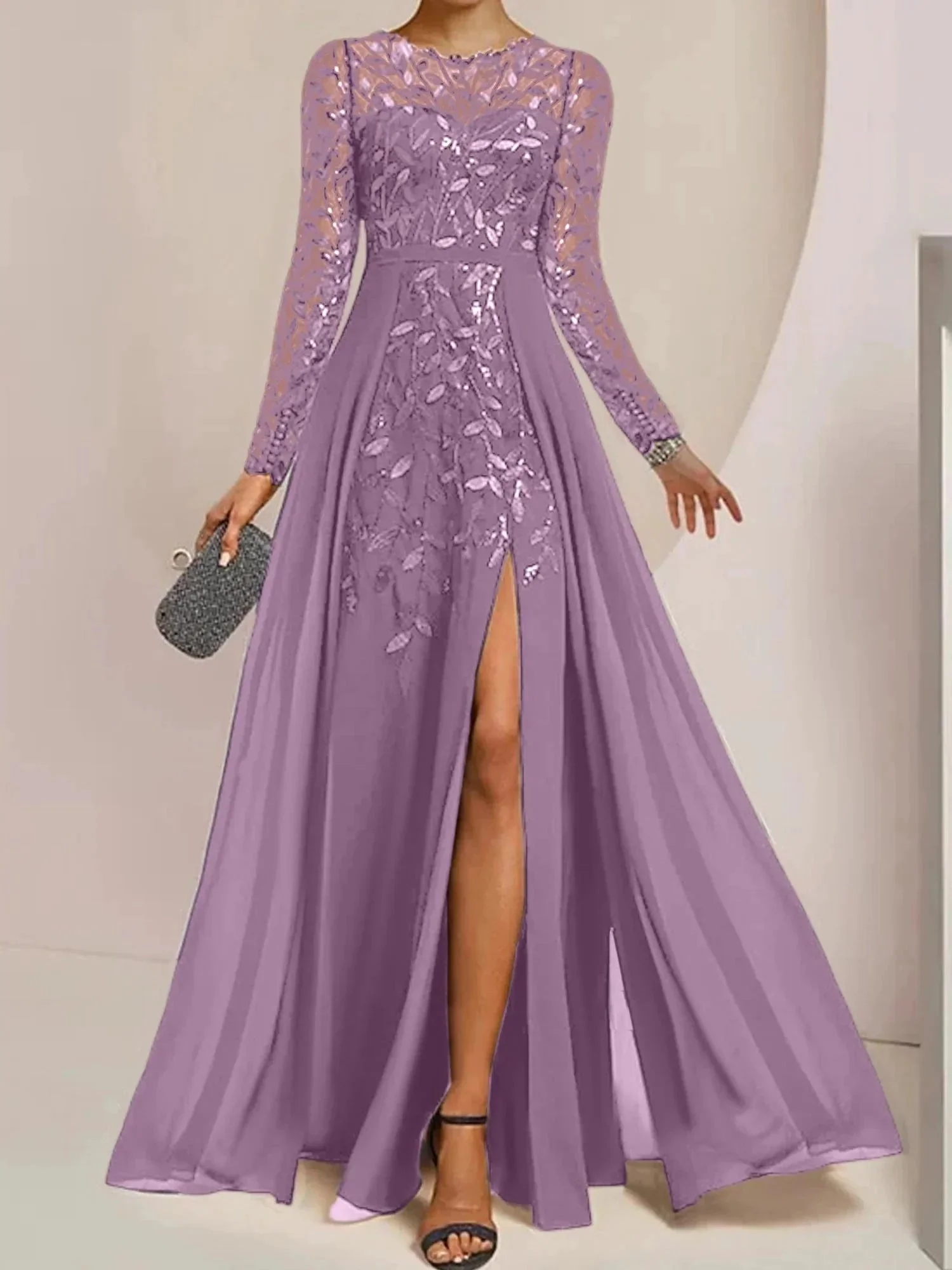 A-Line/Princess Scoop Floor-Length Mother of the Bride Dresses with Split Side Ruffles Sequins - Image 51