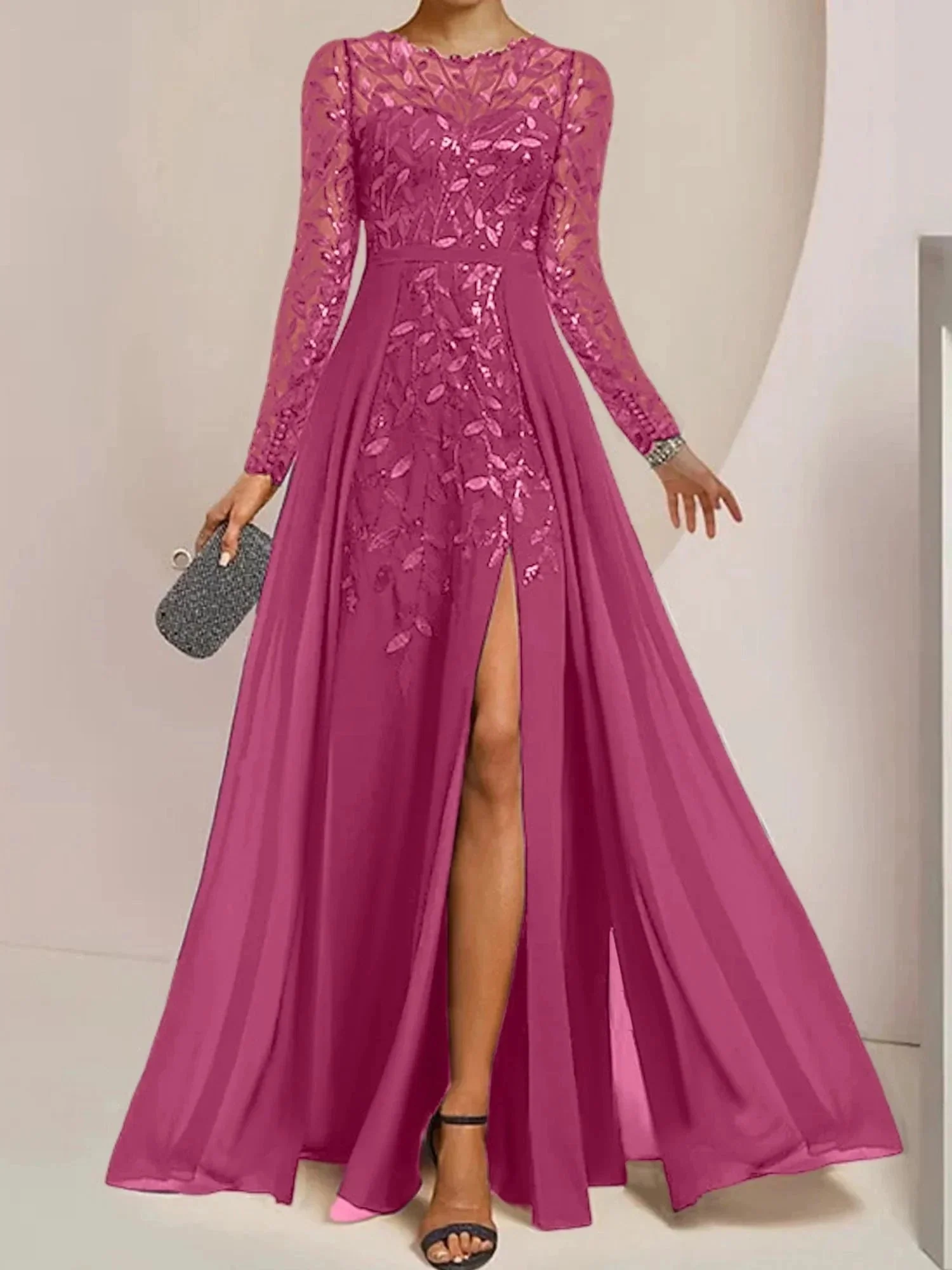 A-Line/Princess Scoop Floor-Length Mother of the Bride Dresses with Split Side Ruffles Sequins - Image 55