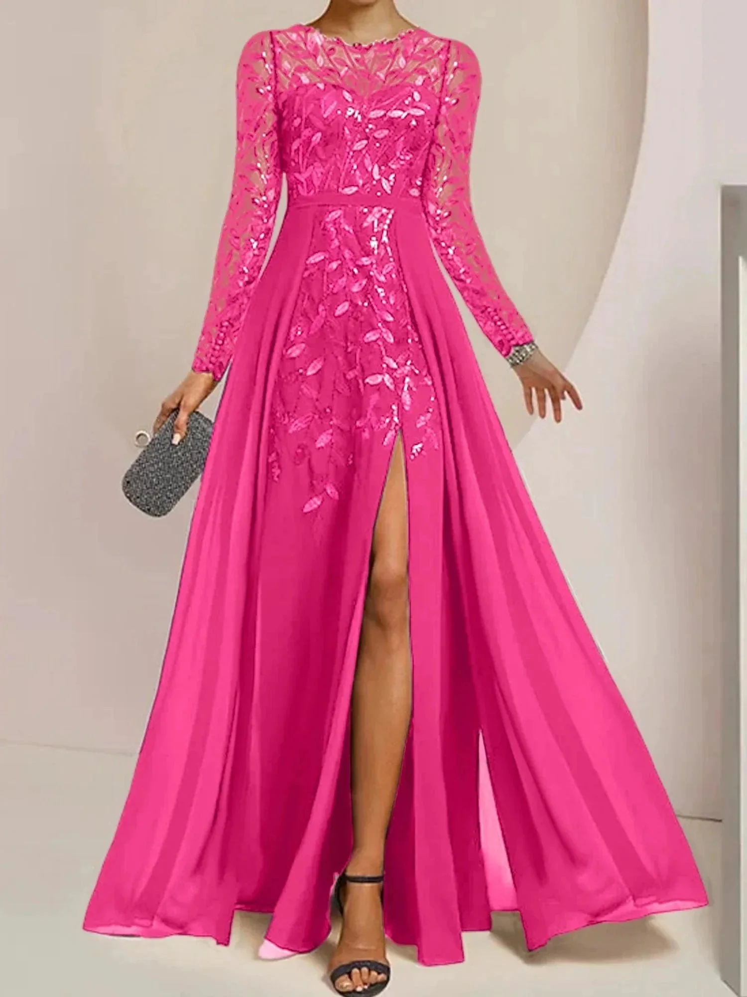 A-Line/Princess Scoop Floor-Length Mother of the Bride Dresses with Split Side Ruffles Sequins - Image 56