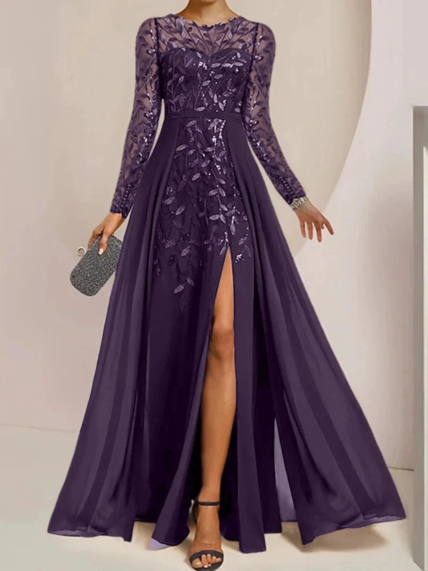 A-Line/Princess Scoop Floor-Length Mother of the Bride Dresses with Split Side Ruffles Sequins - Image 57