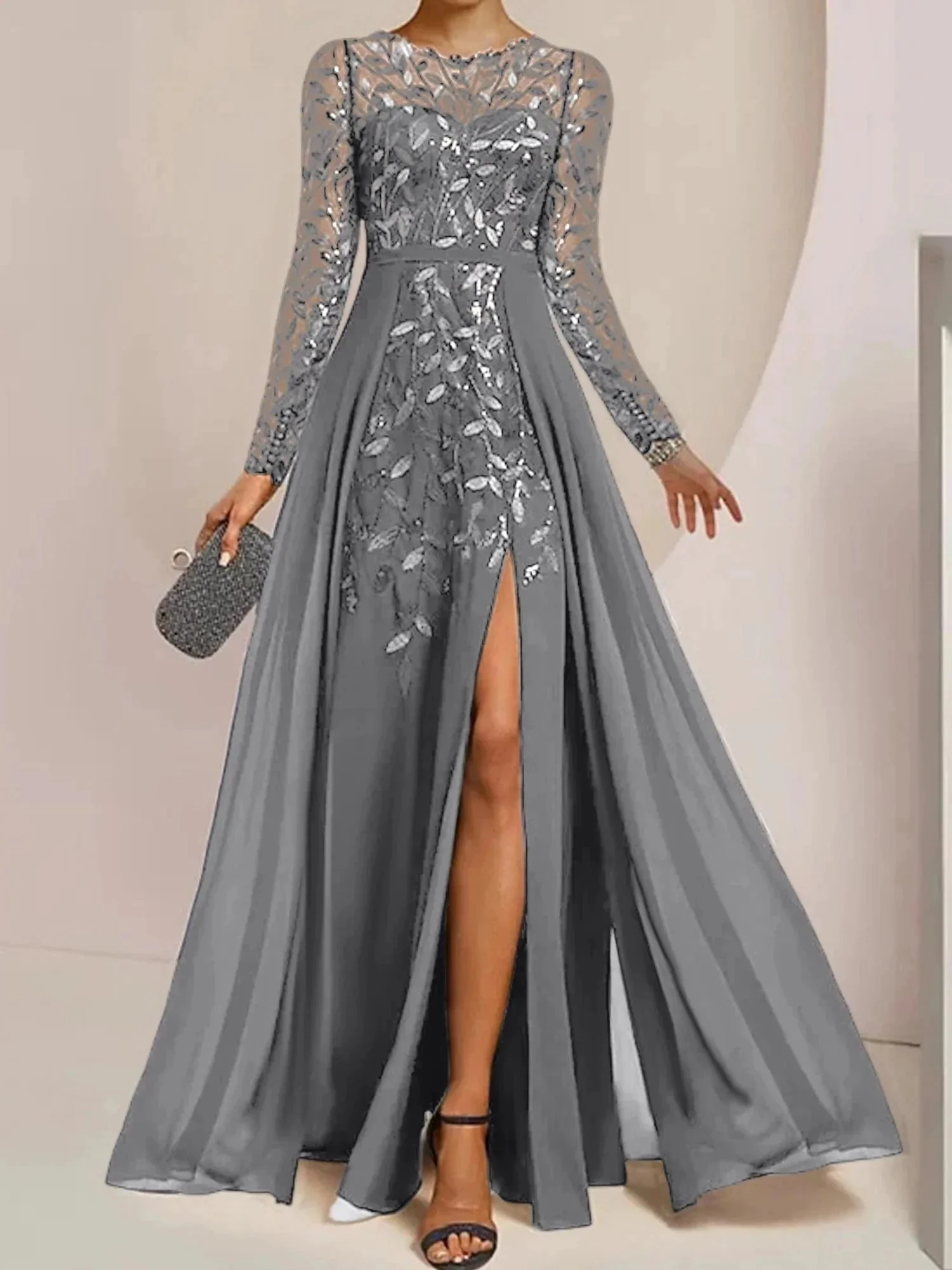 A-Line/Princess Scoop Floor-Length Mother of the Bride Dresses with Split Side Ruffles Sequins - Image 58