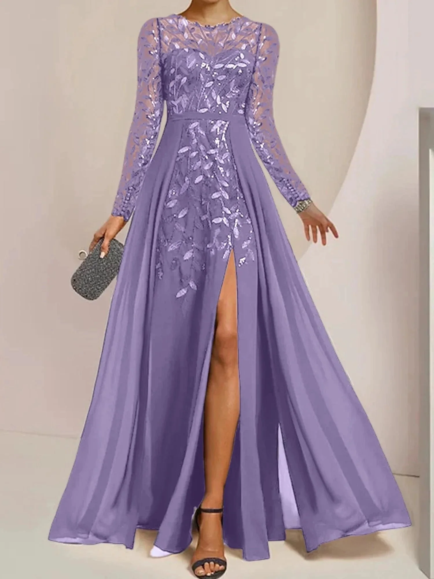 A-Line/Princess Scoop Floor-Length Mother of the Bride Dresses with Split Side Ruffles Sequins - Image 62