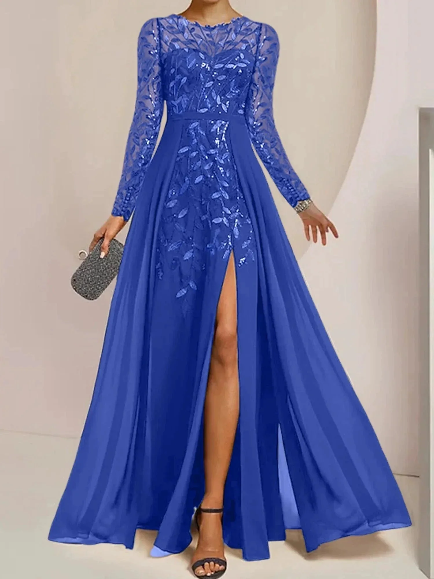 A-Line/Princess Scoop Floor-Length Mother of the Bride Dresses with Split Side Ruffles Sequins - Image 63