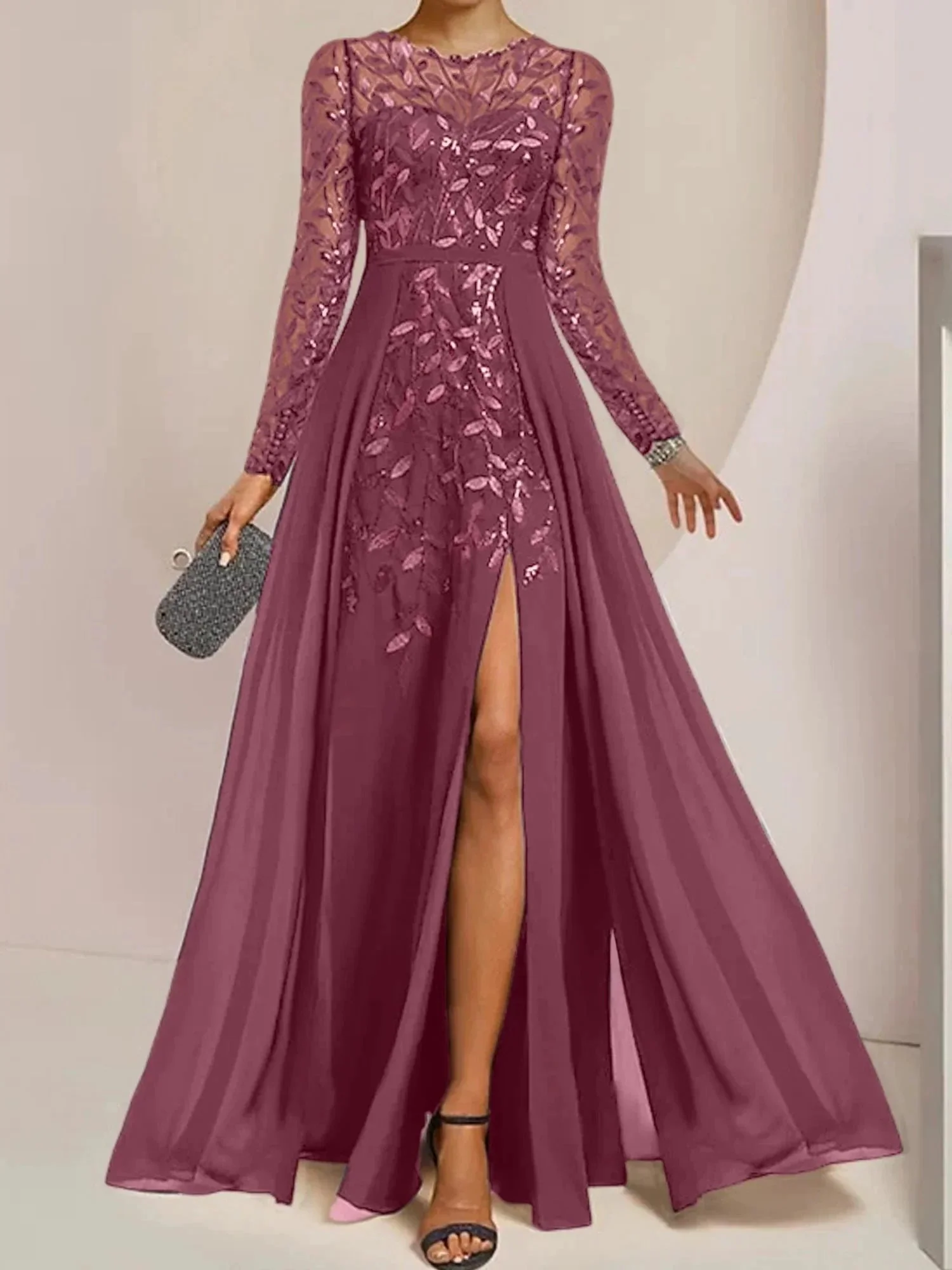 A-Line/Princess Scoop Floor-Length Mother of the Bride Dresses with Split Side Ruffles Sequins - Image 64
