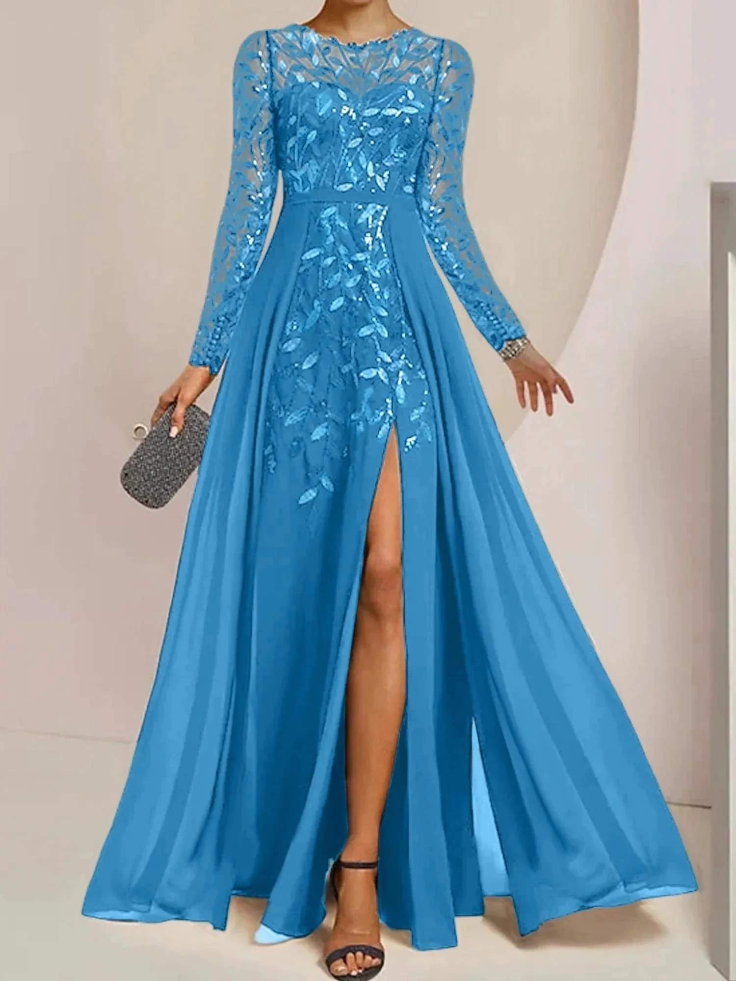 A-Line/Princess Scoop Floor-Length Mother of the Bride Dresses with Split Side Ruffles Sequins - Image 65