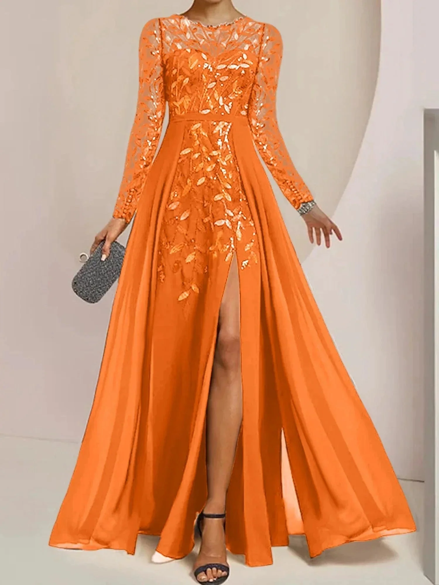 A-Line/Princess Scoop Floor-Length Mother of the Bride Dresses with Split Side Ruffles Sequins - Image 67