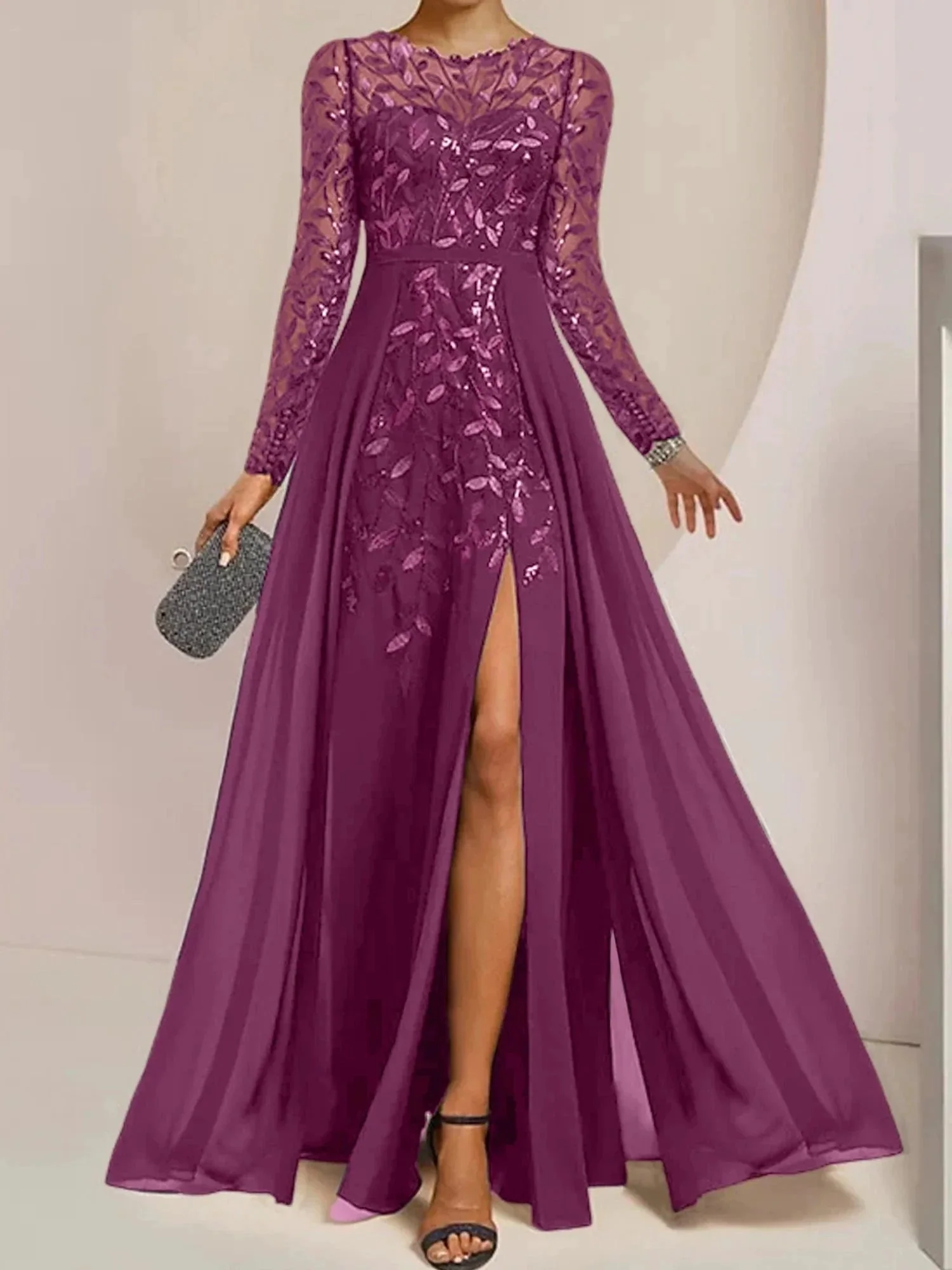 A-Line/Princess Scoop Floor-Length Mother of the Bride Dresses with Split Side Ruffles Sequins - Image 68