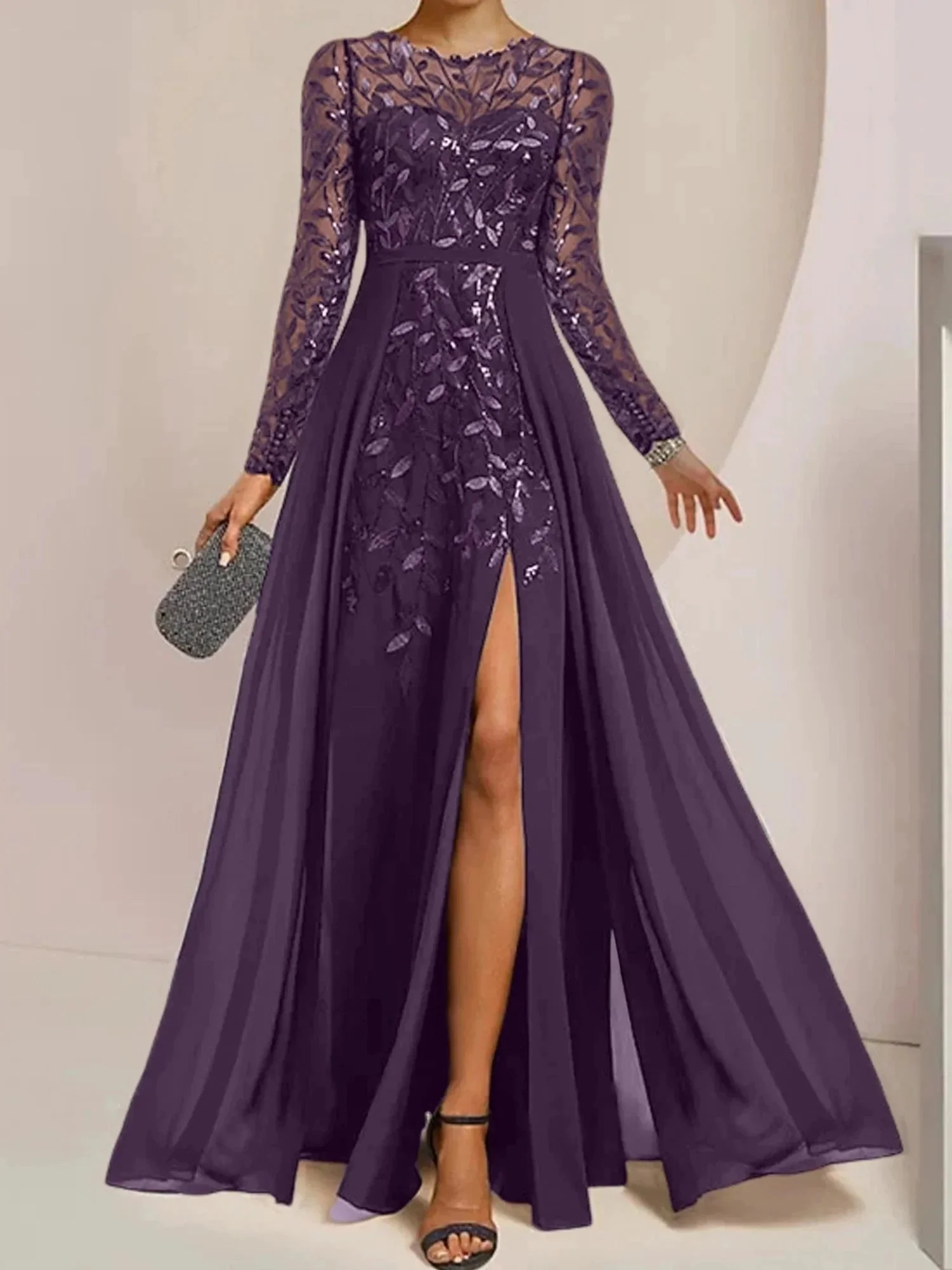 A-Line/Princess Scoop Floor-Length Mother of the Bride Dresses with Split Side Ruffles Sequins - Image 70