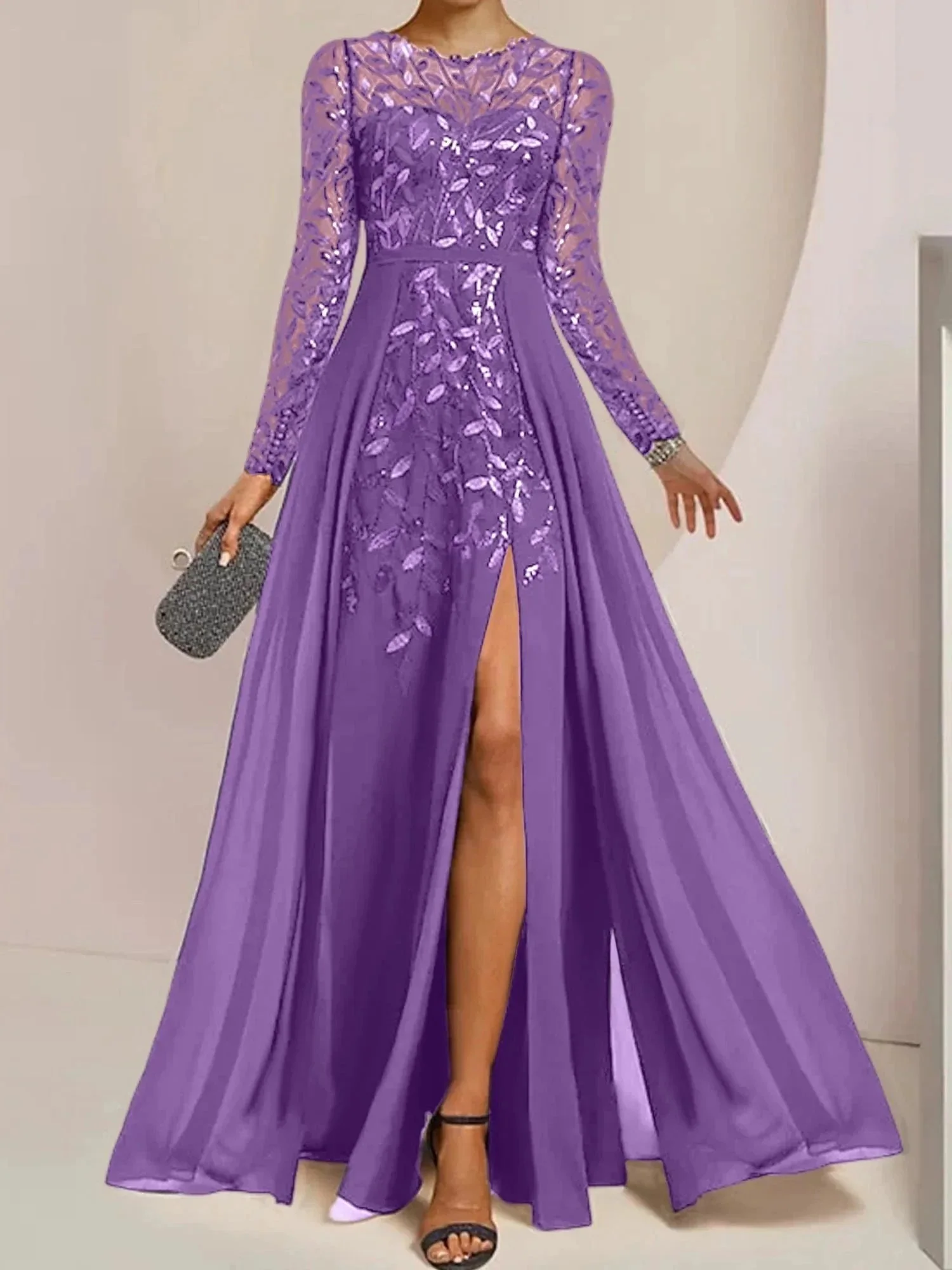 A-Line/Princess Scoop Floor-Length Mother of the Bride Dresses with Split Side Ruffles Sequins - Image 71